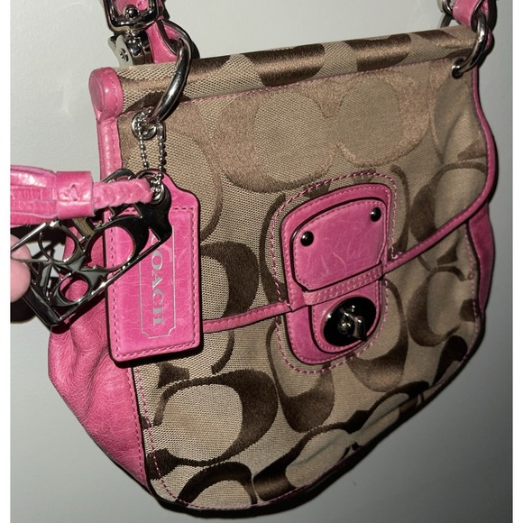 Coach Willis 70th Anniversary Brown Signature With Pink Leather Top Handle 19034